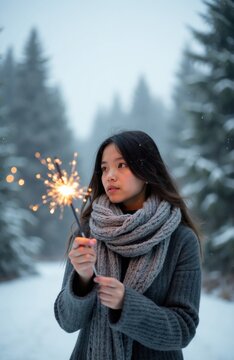 Young woman holds burning sparkler in snowy pine forest. Asian girl wears grey sweater scarf in cold weather environment. Glowing light shines bright at winter evening outdoor. Female enjoys magic