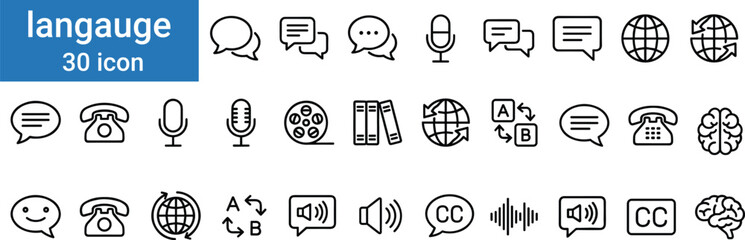 Language communication icons set featuring speech bubbles translation globe microphone telephone books and audio settings for global educational apps. © Aposh003
