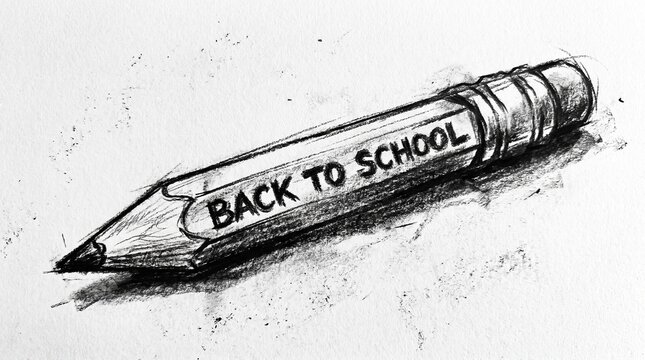 A hand-drawn graphite pencil illustration featuring the text Back To School engraved on the wooden barrel with a sharp tip and eraser representing a creative academic concept for student learning