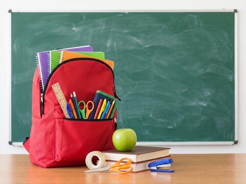 A vibrant red school backpack filled with essential stationery and notebooks rests on a wooden desk before a classic chalkboard, creating an optimistic mood for the upcoming academic school year