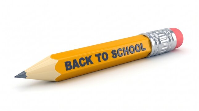 A solitary yellow wooden pencil with a pink eraser tip rests on a clean white studio background, featuring the text Back To School printed on its side to represent academic preparation and learning