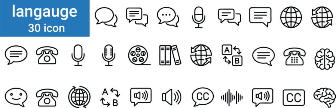 Language communication icons set featuring speech bubbles translation globe microphone telephone books and audio settings for global educational apps.