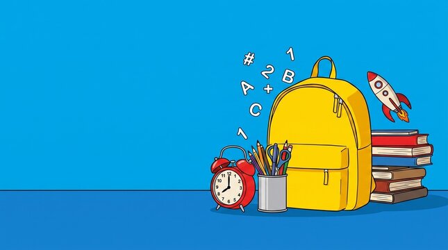 A vibrant 2D flat vector illustration featuring a bright yellow school backpack, a red alarm clock, a pencil cup, and a stack of colorful books, capturing the joyful mood of back to school season