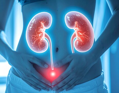 Human kidneys alongside a person clutching their abdomen, which is highlighted in red