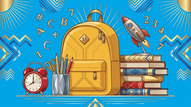 A vibrant 2D flat vector illustration showing a yellow school backpack centered with a rocket, books, alarm clock, and pencils on a blue background, representing a cheerful back to school concept.