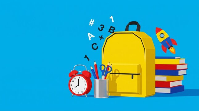 A vibrant 3D rendered student backpack sits beside a stack of colorful books and a classic alarm clock against a bright blue background, representing a cheerful back to school educational concept