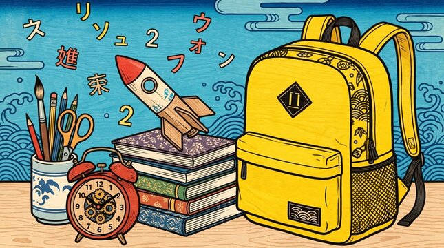A student school desk scene featuring a vibrant yellow backpack, stacked books, a toy rocket, an alarm clock, and stationery supplies against a stylized Japanese wave background