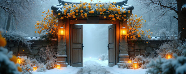 Obraz premium Wooden gate opens to a misty winter garden with yellow roses. Snow covers ground and branches. Lanterns glow warmly, creating magical, inviting atmosphere.
