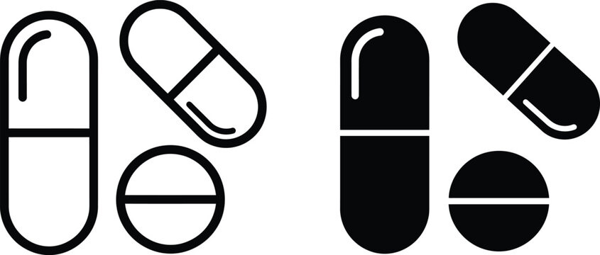 Pill and capsule icons outline and solid black isolated on transparent background for medicine and healthcare illustration.
