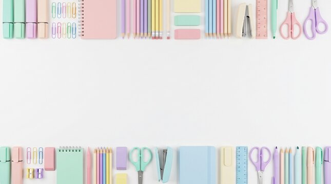 A flat lay composition of diverse pastel school and office stationery supplies arranged in two parallel rows on a clean white background for a creative student concept of organized study habits