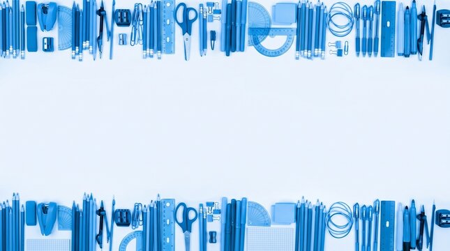 A monochromatic blue overhead flat lay shot of various essential school supplies arranged in parallel borders for an academic education concept representing organized learning and creativity