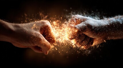 Fototapeta premium Fists colliding with sparks impact force