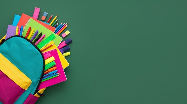 A vibrant school backpack overflowing with colorful stationery supplies placed on a dark green chalkboard background captures the essence of student preparation for the upcoming academic school year
