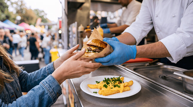 fast food, burger with cheese sauce at food truck in festival market