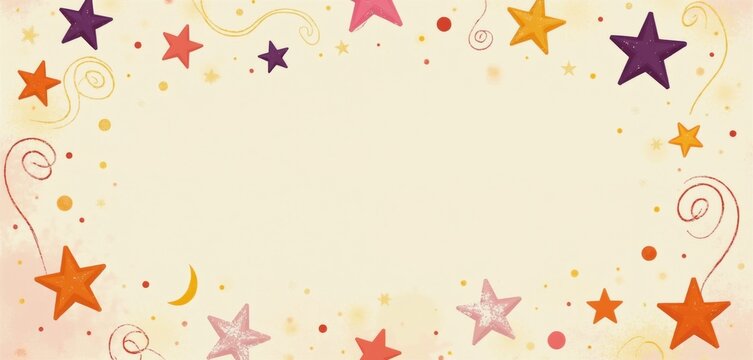Whimsical stars and swirls frame light background, creating playful cosmic border. This cheerful design is perfect for party invitations, kids events, or holiday greetings, adding touch of magic.