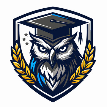Wise owl wearing graduation cap in a shield with laurel wreath