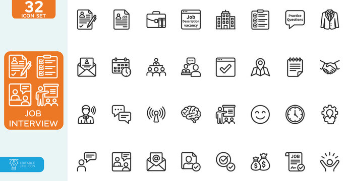 Job interview Vector illustration line editable Icons set. for human resources. hiring process, employment, career growth, corporate business layout. on white background.