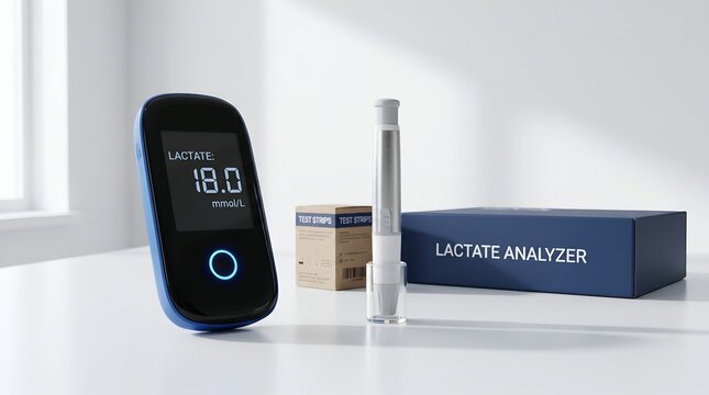 Lactate analyzer device with digital display and accessories on white table