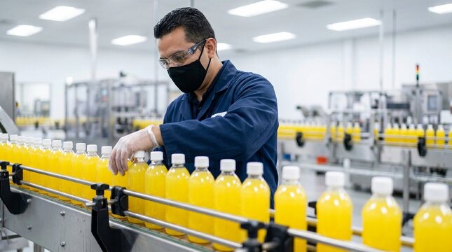 Man in uniform at beverage factory checking quality of plastic containers. Automated manufacturing process for food and drink industry.