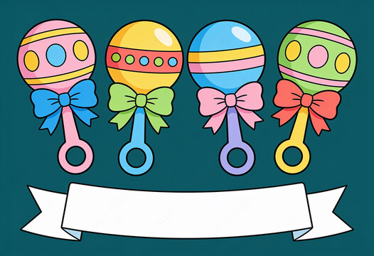Four colorful baby rattles with bows are arranged above a blank white ribbon banner on a dark teal background.