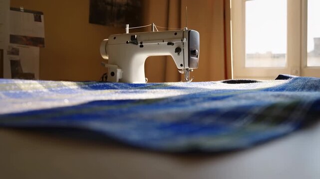 Low tabletop view of textured blue woven fabric beside idle sewing machine in warm workshop with soft window light, blurred metal details, cozy craft setting, rich surface contrast