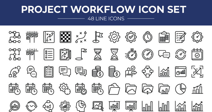 Workflow icons present a detailed set of linear symbols focused on project management and corporate organizational structures.