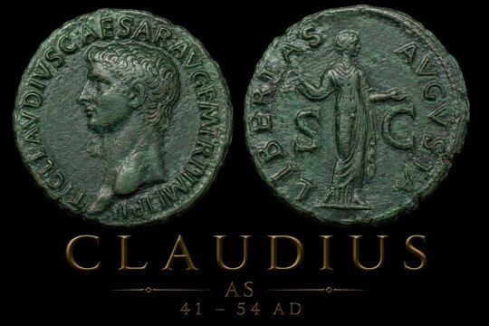 Ancient Roman Bronze As Coin of Emperor Claudius (41-54 AD) Isolated on Black Background