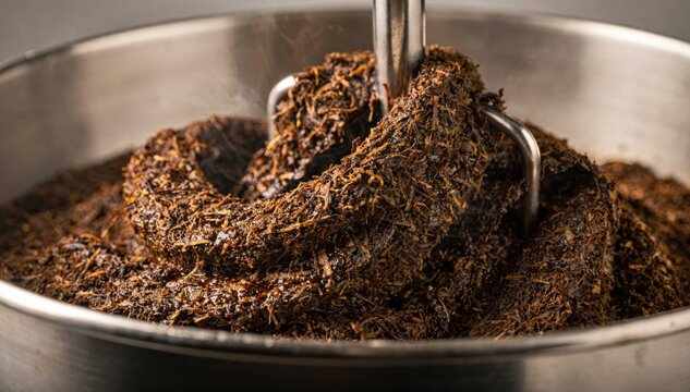 Dynamic medium shot focused on extra moist snuff conditioning emphasizing the blending process that ensures optimal softness and hydration in the tobacco mixture.