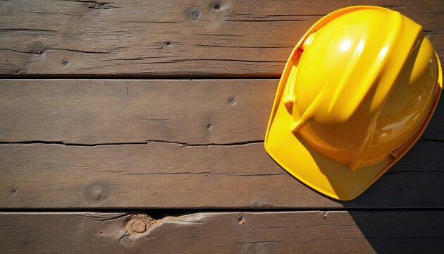 Yellow hard hat lies on weathered wooden planks. Natural light creates shadow patterns. Offers copy space for text. Useful for construction or DIY projects.