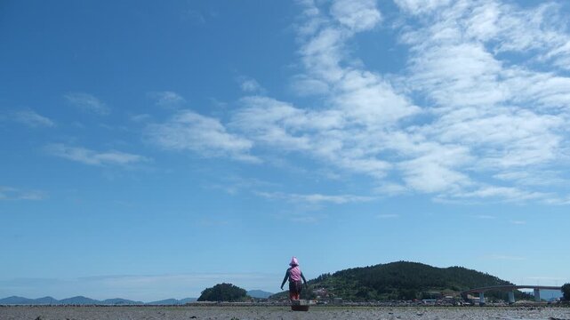 Scenic view of a peaceful Korean southern sea fishing village with local fisherman boats, mudflats, and islands in Namhae / 한국 남해바다 어촌 마을 풍경, 어민들의 고기잡이 배와 평화로운 섬, 갯벌 해안가 풍경 영상