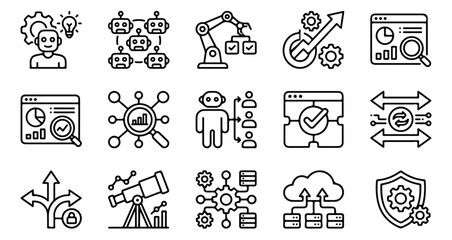 Fototapeta premium Artificial intelligence line icons set, 15 automation and machine learning vector symbols, digital technology and data analysis graphics