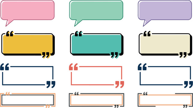 Quote box and speech bubble collection featuring colorful dialogue frames, testimonial callouts and modern text banner vector set
