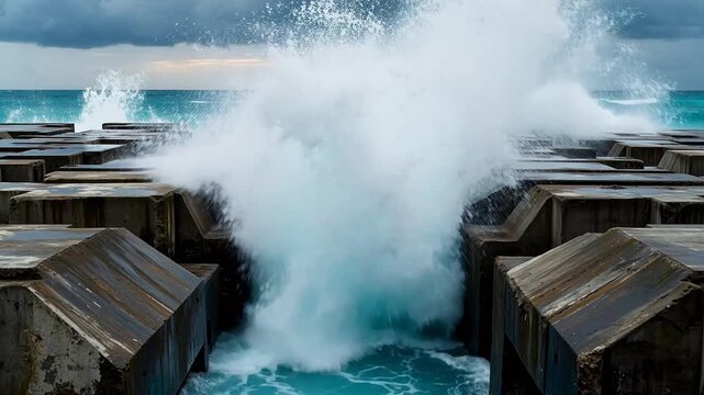 Wave-Dissipating Tetrapods Defying Storm Surges at Breakwater