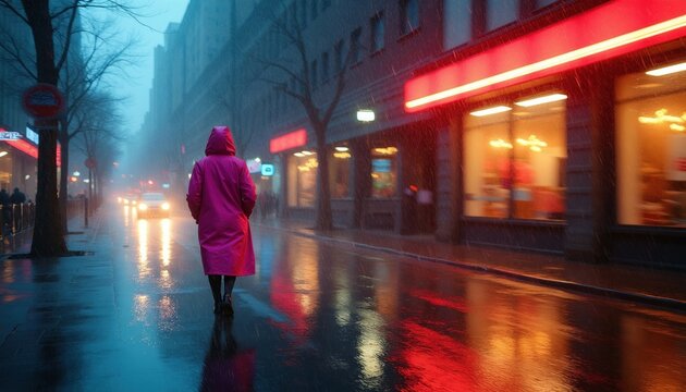 Person walks on city sidewalk in pink rain coat at night. Wet urban street with neon light reflections. Stormy weather scene blurred movement. Lone pedestrian strolls along rainy road. Modern