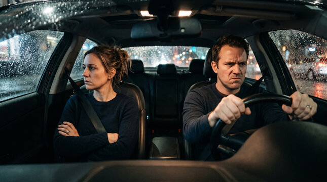 Angry married couple arguing inside car during heavy rain at night