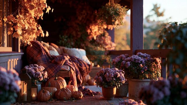 Cozy porch decorated for autumn. the porch is covered with a wooden pergola and has a wooden railing on the right side.