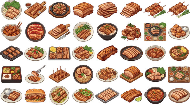 Gourmet Pork Belly Dish Vector Set Featuring Roasted Samgyeopsal Crispy Lechon Chasu Ramen Bento Boxes Stews and Sandwiches for International Culinary Menus