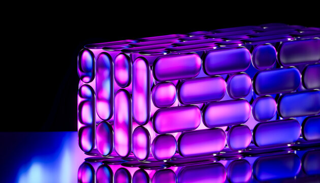 3D neon capsule grid with reflective purple glass