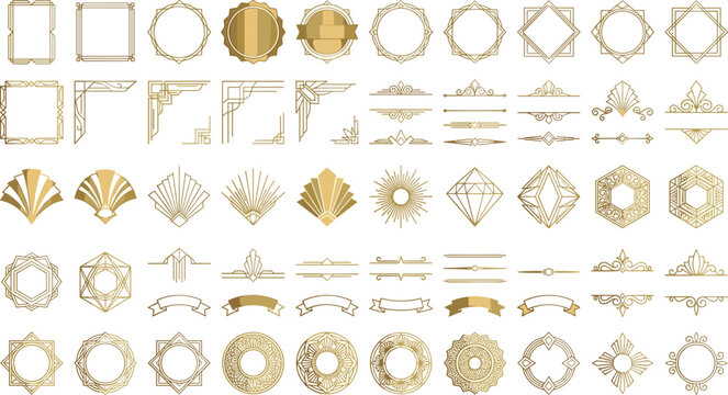 Luxury Golden Art Deco Geometric Element Set Featuring Ornate Frames Vignette Corners Dividers Ribbons and Sunburst Medallions for Vintage Branding Design Layouts