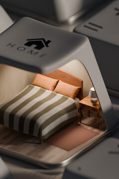 3D home bedroom key with miniature bed interior