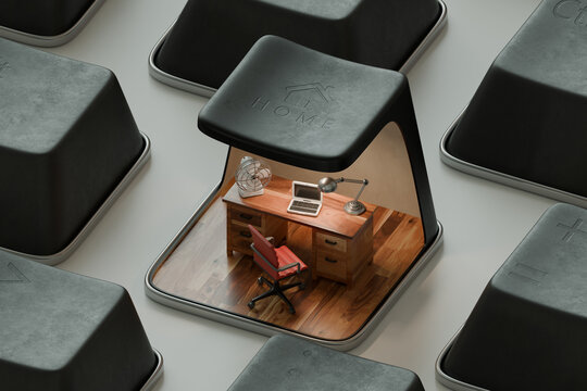 3D remote work key with home desk workspace