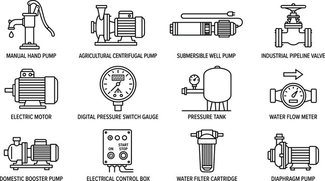 Industrial pump and water system icon set featuring motors, valves, pressure gauges, filters and pipeline equipment vector collection