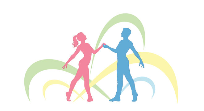 Male blue and female pink silhouettes of ballroom dancers performing a routine. Abstract pastel curved lines background. Minimalist vector illustration of dance sport athletes.