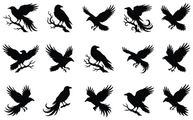 Fototapeta premium Halloween vector bundle black raven silhouettes for spooky designs graphics illustrations