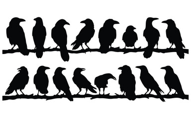 Fototapeta premium Halloween vector bundle silhouettes of ravens perched on branches for spooky designs