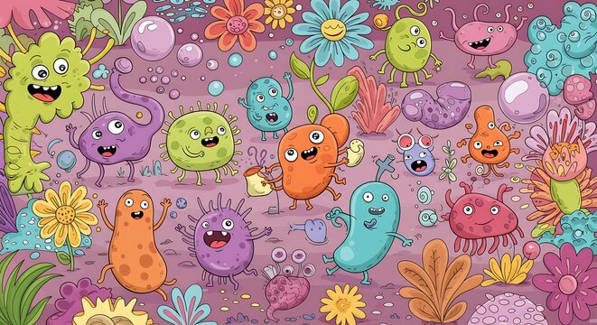 Colorful Cartoon Microbes and Seaweed Illustration.