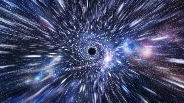 Wormhole travel through space with transport speed concept. Stunning cosmic black hole with swirling stars and colorful galaxy in deep space