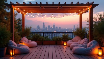 Fototapeta premium Cozy rooftop terrace with wooden pergola, string lights at sunset over city skyline. Modern patio features soft bean bag chairs, lanterns for romantic evening atmosphere. Comfortable urban garden