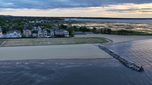 An aerial view of the shoreline in Union Beach, New Jersey showing both the Atlantic Ocean and the tidal marshes of Conaskonk Point, also known as Pebble Beach.