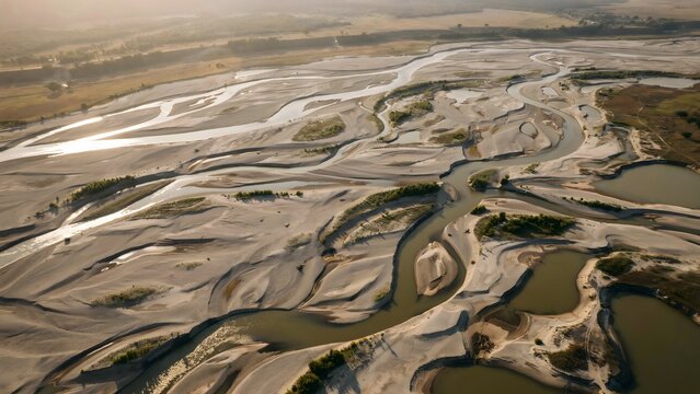 Braided river network winding across alluvial plain from above &ndash; Suitable for geology research, nature travel blogs, or organic pattern textures.